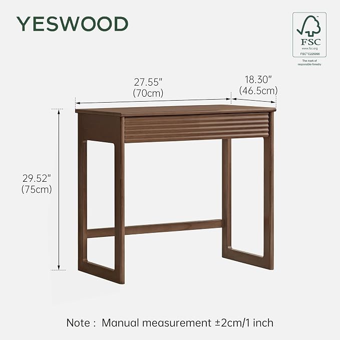 YESWOOD Solid Wood Desk, Walnut Finish Small Writing Desk, Home Office Desk, Computer Desk with 2 Drawers for Small Spaces Study Room Office Bedroom Work 27.55" W