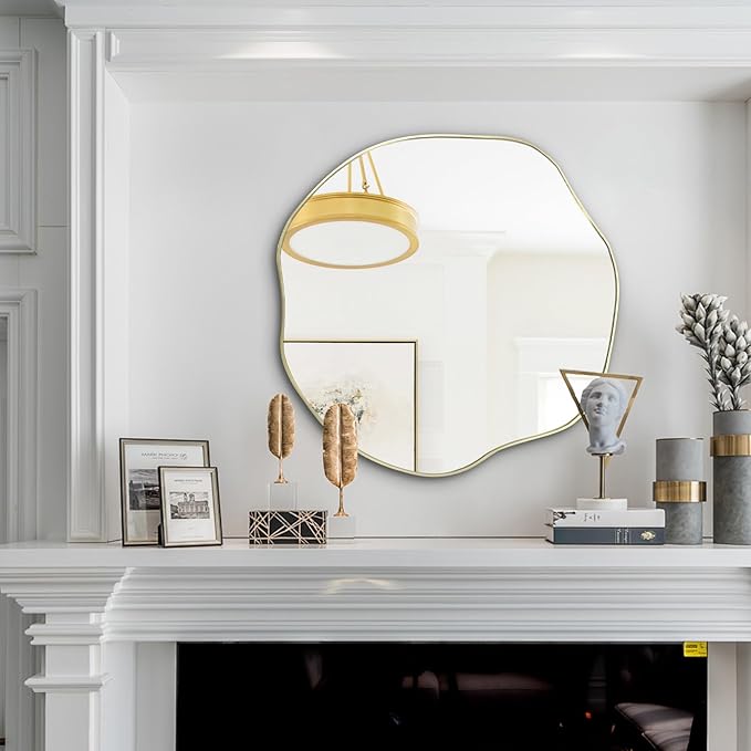 POZINO Asymmetrical Mirror, 25" Irregular Wall Mirrors, Gold Scalloped Rounded Mirror, Modern Frameless Abstract Mirrors for Bathroom Living Room Bedroom Entryway Fireplace