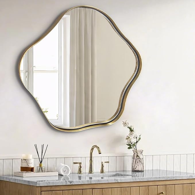 Asymmetrical Mirror, 28" Irregular Round Mirror with Gold Metal Frame, Modern Scalloped Wall Mirrors Decorative, Wavy Shaped Mirrors for Living Room Bathroom Bedroom Hallway Entryway