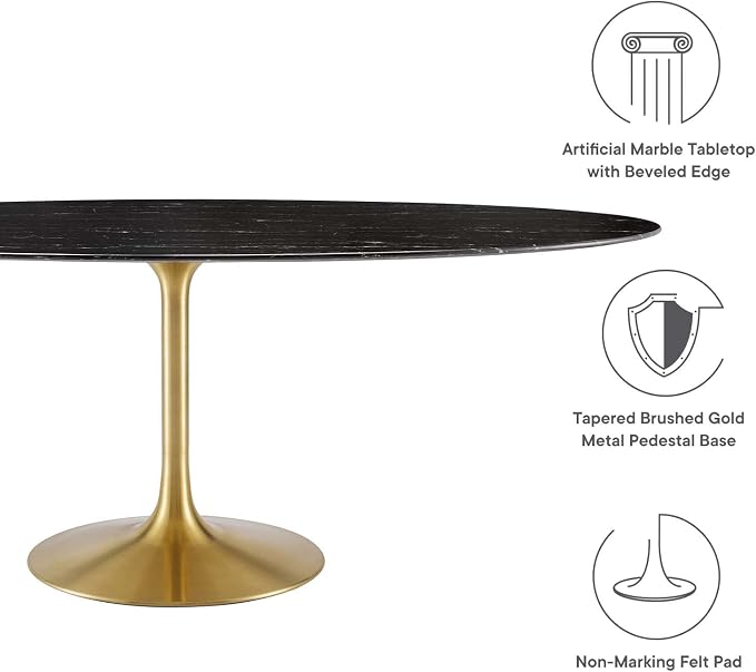 Modway Lippa Oval 78" Mid-Century Modern Artificial Marble Dining Table in Gold Black