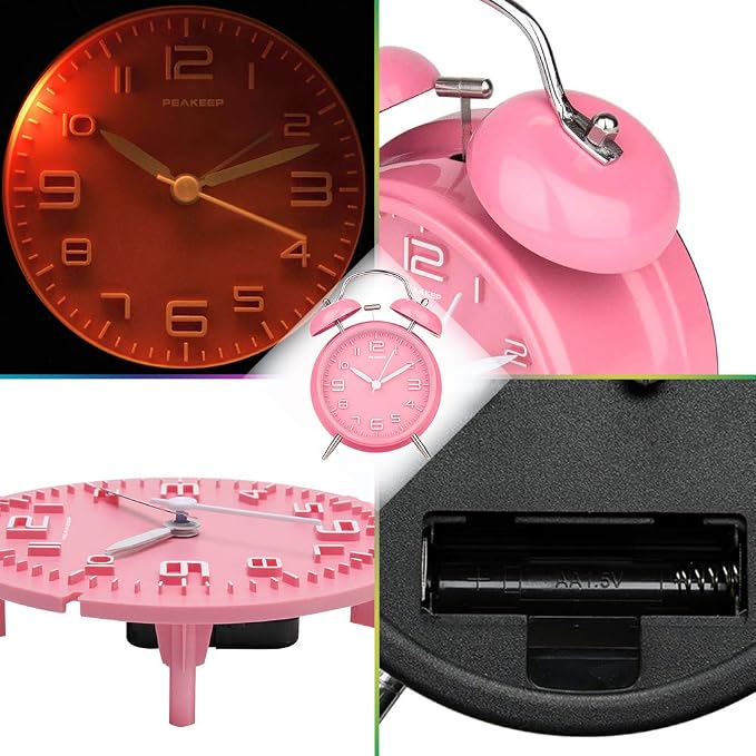 Peakeep 4 Inches Twin Bell Loud Alarm Clock for Heavy Sleepers Kids, Battery Operated Old Fashioned Alarm Clock (3D-Dial, Pink)