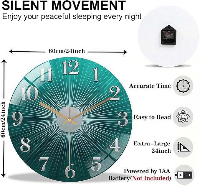 24 Inch Teal Sunburst Glass Wall Clock Silent Modern Art Decor | Silent glossy clock with an elegant teal sunburst and silver numbers, perfectly tracking time for your modern living room