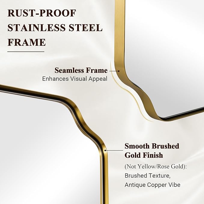 ANDY STAR 36"x48" Large Gold Mirror, Brushed Brass Rectangle Bathroom Mirror, Scalloped Vanity Mirror in Anti-Rust Stainless Steel 1’’ Frame, Unique Notched Corner Mirror, Ideal for Home Remodel