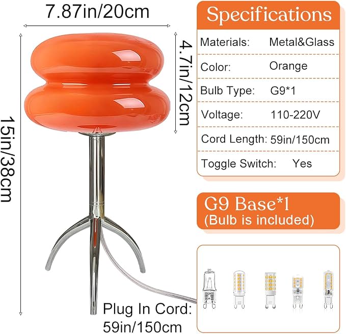 Orange Mushroom Table Lamp Chrome Tripod Base Bedside Lamp Mid Century Modern Lamp Bauhaus MCM Glass Nightstand Lamp for Bedroom Bathroom Livingroom