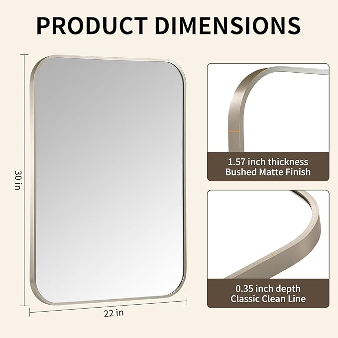 Brushed Nickel Mirror, 22x30 Inch Brushed Nickel Rectangle Mirror, Aluminum Alloy Framed Vanity Mirror, Rounded Rectangle Bathroom Mirror for Over Sink, Anti-Rust