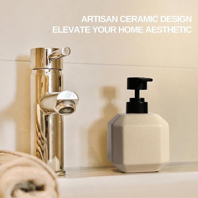 LuxFlowing Elegant Ceramic Soap Dispenser with Pump, Small, Cute and Simple Style, Ideal for Bathroom Hand Soap and Kitchen Dish Soap (Grey)