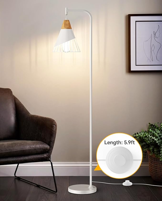 67" Industrial Floor Lamp with Wood & Black Metal Shade, Modern Standing Lamp, Rustic Farmhouse Tall Lamp for Living Room Bedroom Office, 2700K Bulb & Foot Switch Included (White)