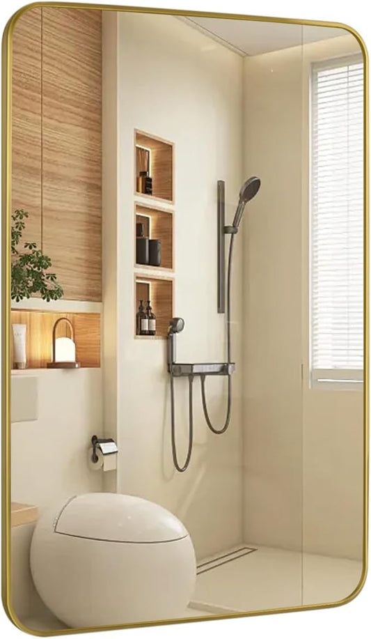 Gold Wall Mirror for Bathroom 24X36 Inch Stainless Steel Metal Frame Bathroom Vanity Mirror Rounded Rectangle Mirror Rustproof for Entryway, Living Room Hangs Vertically or Horizontally