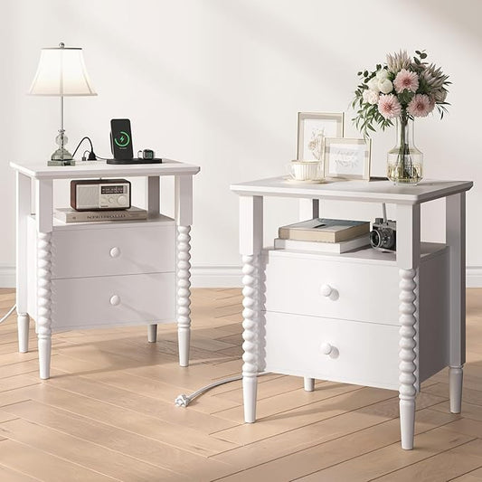 White Night Stand Set 2, Vintage Nightstand with Charging Station, Bedside Table with 2 Drawers, End Table with Solid Wood Legs, Bed Side Tables for Bedroom, White