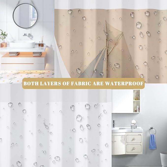 No Hook Shower Curtain with Removable Snap in Liner, Nautical Sailboat Coastal Ocean Sail Print, 71W x 74H Waterproof Fabric Double Layer Bath Curtain with Mesh Top for Bathroom