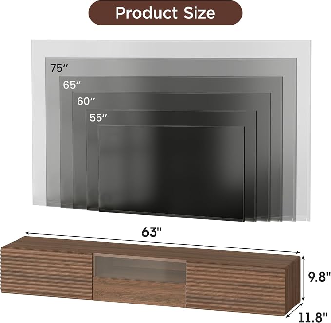 Maupvit 63" Floating TV Stand for TVs up to 75", Fluted Entertainment Center with Remote Control for LED Lights, Wall Mounted Shelf, Mid-Century Modern TV Console w/Glass Door for Living Room (Walnut)