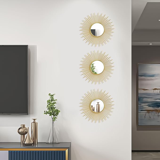 3 Pack Metal Mirrors for Wall Sunburst Wall Mirrors Home Décor Decorative Hanging Wall Art for Living Room Bedroom Entryway (Gold2, Sunburst)