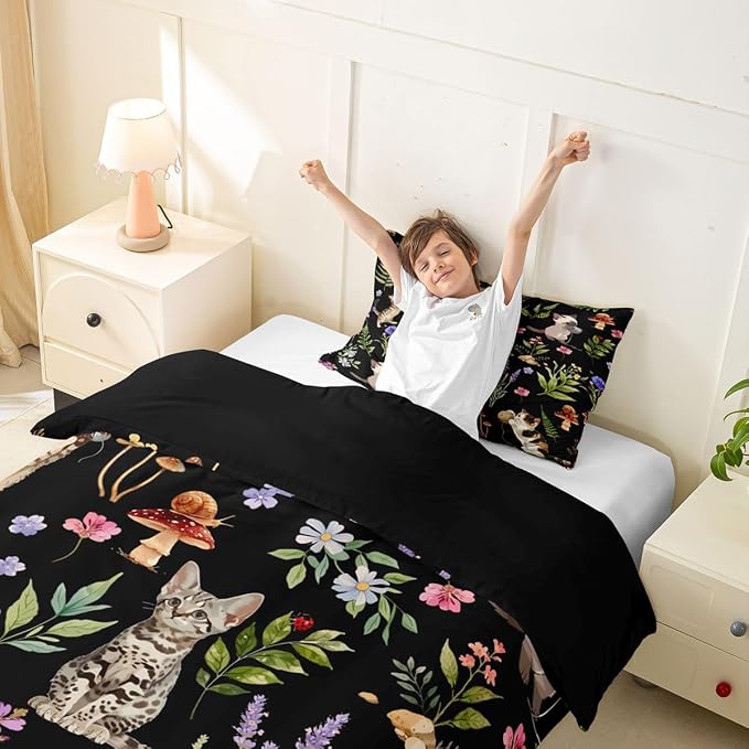 Erosebridal Cute Cat Comforter Cover Twin Kitten Cat Lovers Bedding Set Black Boho Watercolor Floral Duvet Cover for Kids Girls Boys Adults Funny Pet Animal Bed Set
