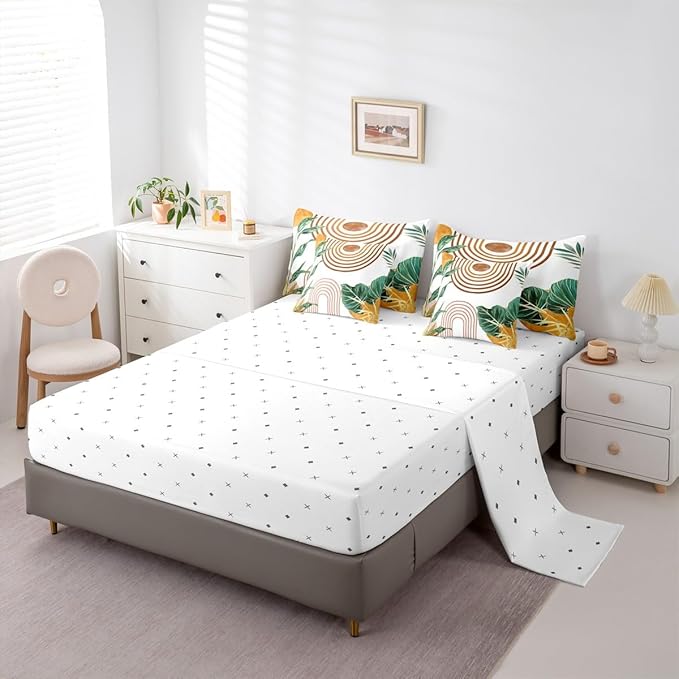 Erosebridal Mid Century Boho Bed in A Bag 7 Pcs Simple Retro Tropical Palm Leaf Comforter Set for Women Men Orange Pink Sun Arch Bedding Sets King Geometric Abstract Line Sheet Set with Comforter