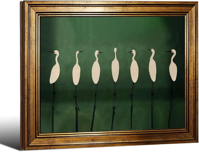Japanese Cranes Wall Art 12x16 inch Gold Framed Retro Bird Animal Canvas Poster Nature Minimalist Green Home Prints for Living Room Bedroom Office Decor