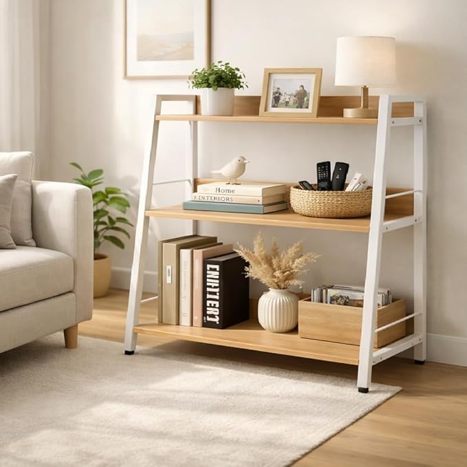 Ladder Shelf, 3 Tier Bookshelf, Small Bookshelf for Small Spaces, Wood and Metal Bookcase, Ladder Bookshelf, Modern Storage Shelf for Living Room and Office (White, Ladder)