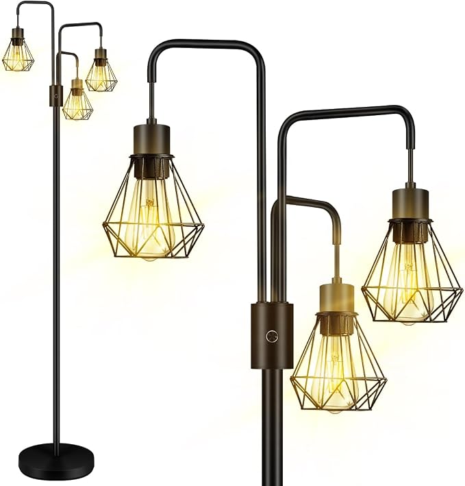 BoostArea Industrial Floor Lamp,Metal Diamond Lampshade,Modern Stand Up Lamp with 3 Light, Bulbs Not Included,Simple Design Floor Lamp for Bedroom, Living Room, Office, Kids Room, Reading