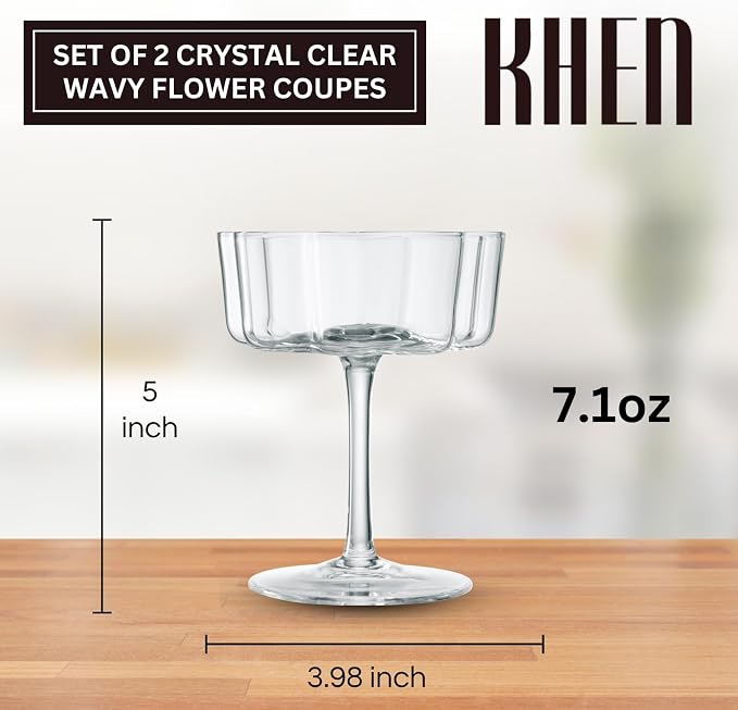Khen Vintage Wavy Glass Coupes Martini, Champagne & Cocktail Coupes - Set of 2-7oz Colorful Cocktail Glasses & Champagne, Prosecco, Mimosa Glassware Copyright Design - Crystal Clear