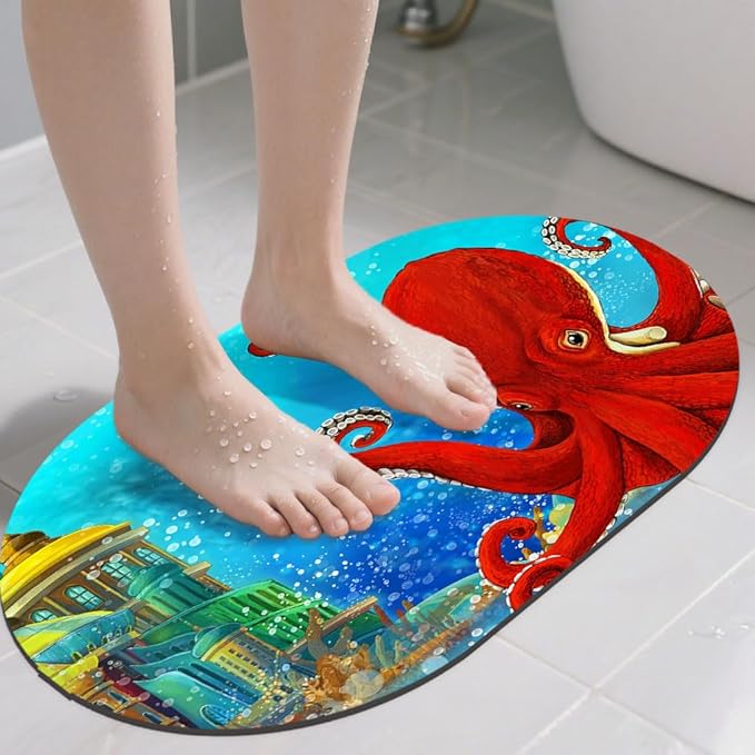 Bathroom Rug Mat Cartoon Underwater Octopus Kingdom Oval Bath Mat Doormat Absorbent Quick Dry Non Slip Diatom Mud Mat for Shower Tub Sink Laundry Kitchen Doorway 23.6x15.7 Inches