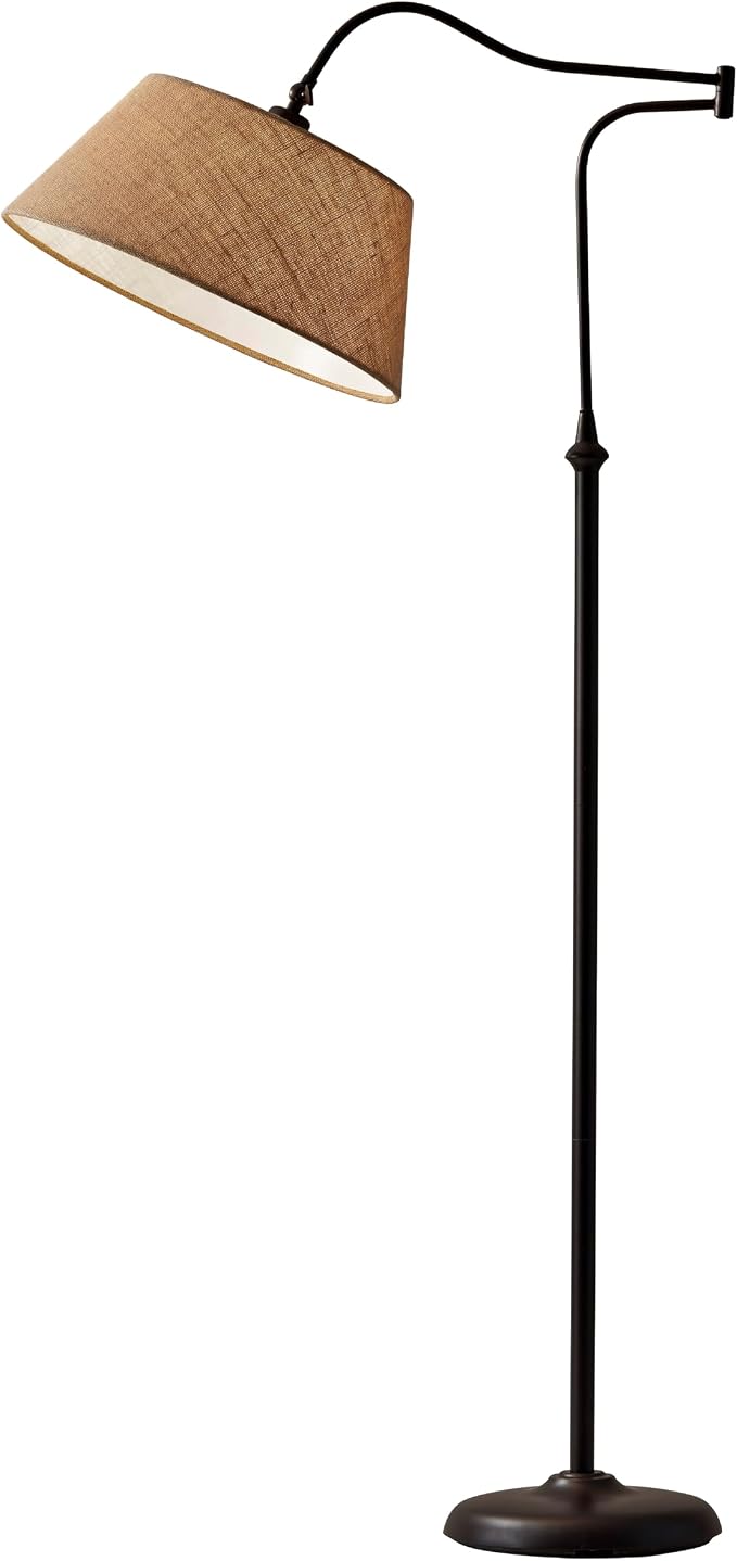 Adesso Floor Lamp, Antique Bronze Finish, Khaki Burlap Lampshade – 3-Way Brightness, Adjustable Overhead Bedroom, Home Office Lighting, or Living Room Decor, 60.25” Tall