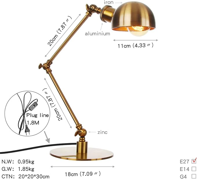 Makeup Vintage Desk Lamp, Adjustable Swing Arm Industrial Metal Task Table Lamp, Bedroom Bedside Night Light Cafe Retro Reading Lighting,Gold