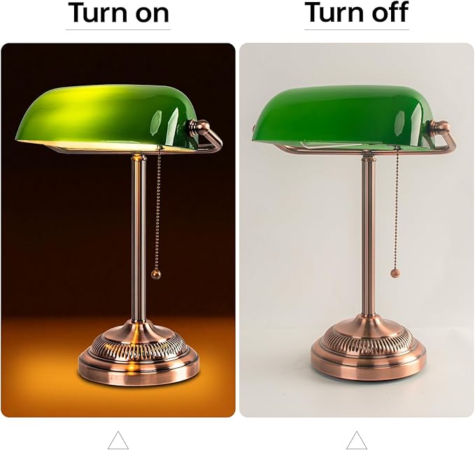 FIRVRE Green Glass Bankers Desk Lamp, Traditional Banker's Lamp, Vintage Lamp with Pull Chain Switch, Retro Table Lamps for Home Office, Library, Piano