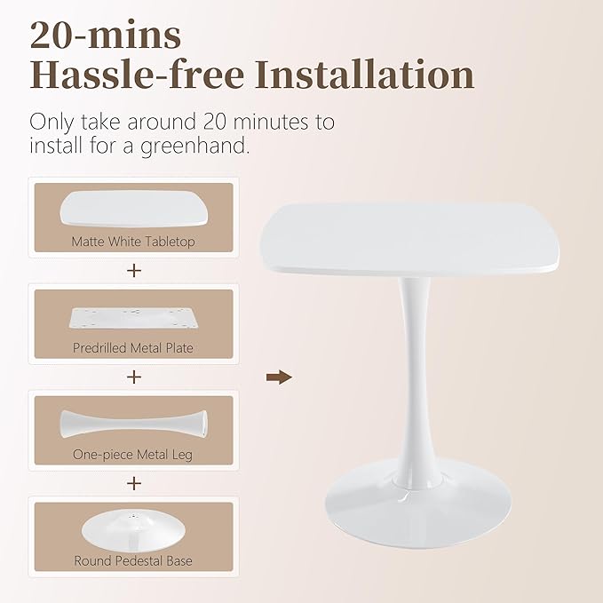 White Square Dining Table,31.5" Tulip Table with Metal Pedestal,15-Minute Quick Assembly,Mid Century Modern Leisure Table for Kitchen Small Places Cafe (White)