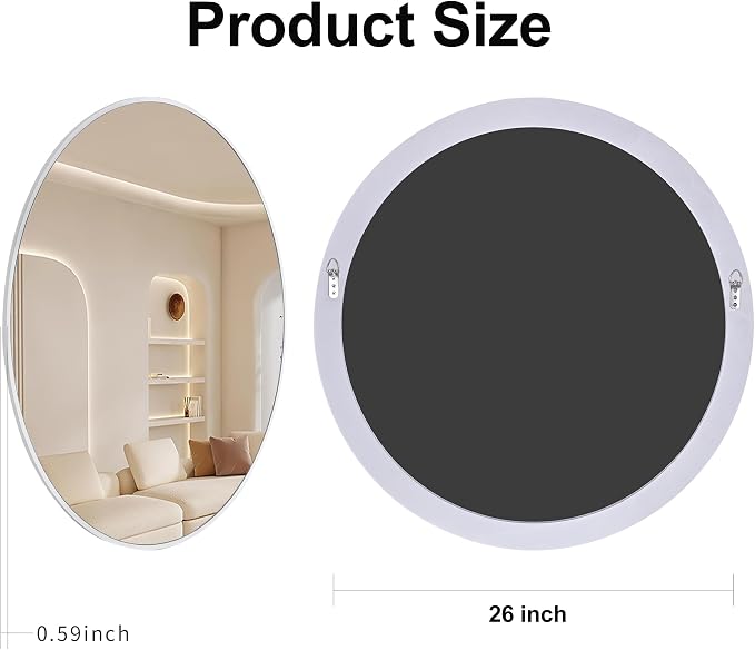 White Round Mirror 26 Inch, Circle Wall Mirrors with Tempered Glass for Bathroom, Bedroom Living Room or Entryway
