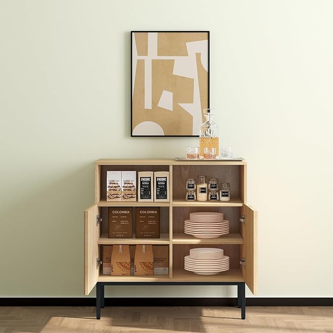 Set of 2 Oxford Fluted Storage Cabinet, Sideboard Buffet Credenza with Doors, Accent Console for Living Dining Room, Entryway