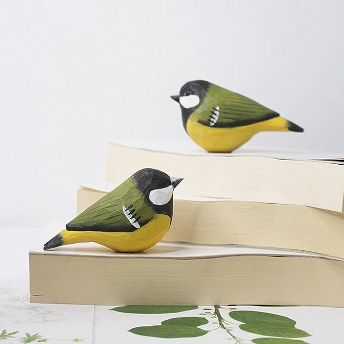 2PCS Small Carved Wooden Birds, Handmade Bird Statue Carved Rustic Animal Bird Sculpture Miniature Art Carve Small Animal for Home Decor. (Green)