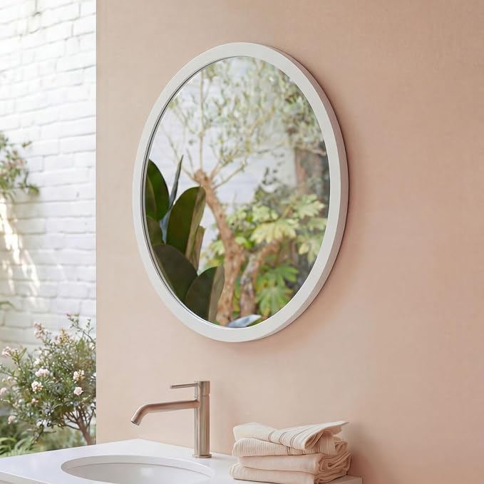 ARIEL Round Wooden Mirror 24" in White, Wood Circle Wall Mirror for Bathroom, Vanity, Entryway & Living Room Decor, Farmhouse Style