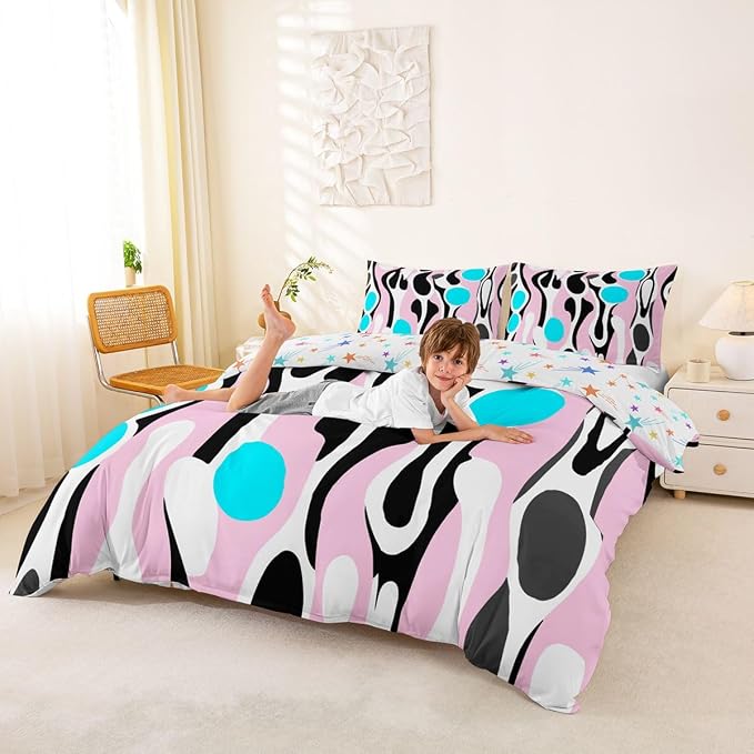 Erosebridal Mid Century Modern Abstract Duvet Cover Set Vintage Geometric Queen Bedding Set for Children Boys Contemporary Organic Shapes Comforter Cover Squiggle Blob Bed Sets,Light Pink Cyan