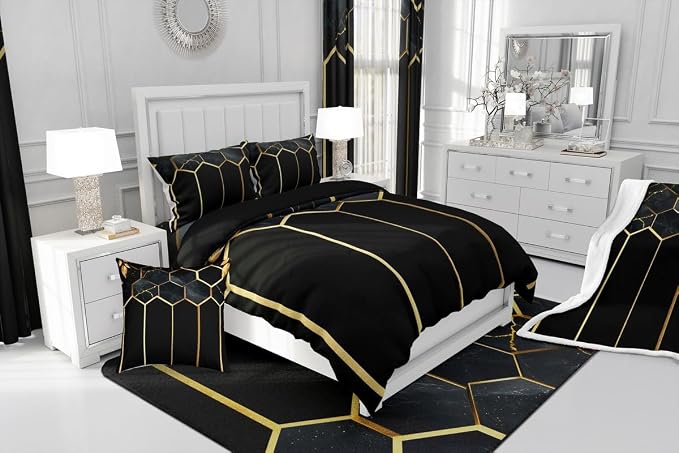 Erosebridal Marble Geometric Duvet Cover Twin Honeycomb Comforter Cover for Kids Teens | Black Golden Beehive Hexagon Bedding Set Stripes Bed Set with 1 Pillow Case