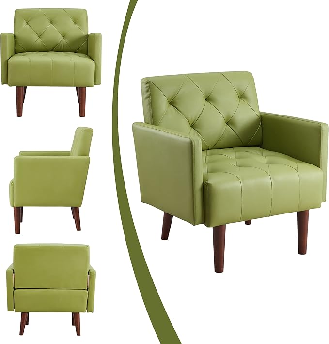 Faux Leather Accent Chair Modern PU Armchair, Retro Tufted Upholstered Arm Chair, Comfy Leather Club Chair Single Sofa for Living Room, Bedroom, Reading Room, Apartment(Green)