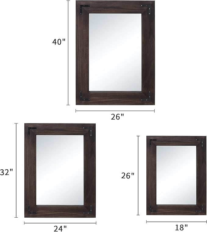 YOSHOOT Rustic Wooden Framed Wall Mirror, Natural Wood Bathroom Vanity Mirror for Farmhouse Decor, Vertical or Horizontal Hanging (26" x 18", Black)