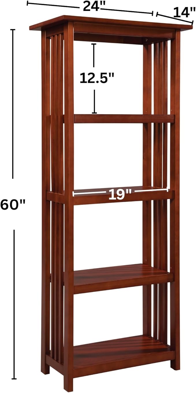 Alaterre Furniture Mission 4-Tier Bookcases with Adjustable Shelves – Mid-century Modern 60-Inch Wood Bookshelf for Living Room, Bedroom or Home Office (Cherry)