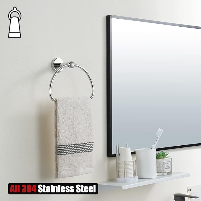 JQK Chrome Towel Ring, Stainless Steel Half Ring Towel Holder for Bathroom, 7 Inch Polished Chrome Wall Mount, TR160-CH