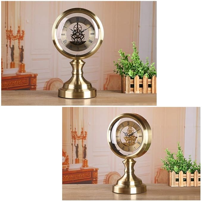 Retro Brass Desk Clock, Classic Metal Antique Clock, Silent Clockwork, Mantel Clock for Living Room, Fireplace, Office, Kitchen Mantel Clock-Metallic-Transparent Movement
