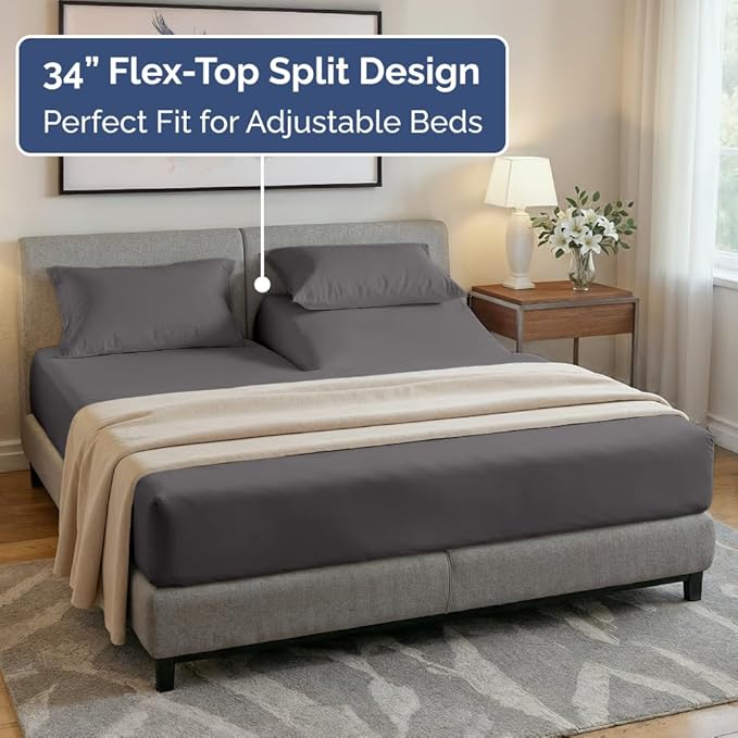 Flex Top Split Head King 4 Piece Sheet Set - Soft, Breathable & Cooling Bed Sheets Set - Hotel Luxury Bedding for Women & Men with Deep Pockets - Wrinkle Free & Fade Resistant - Oeko-Tex - Dark Grey