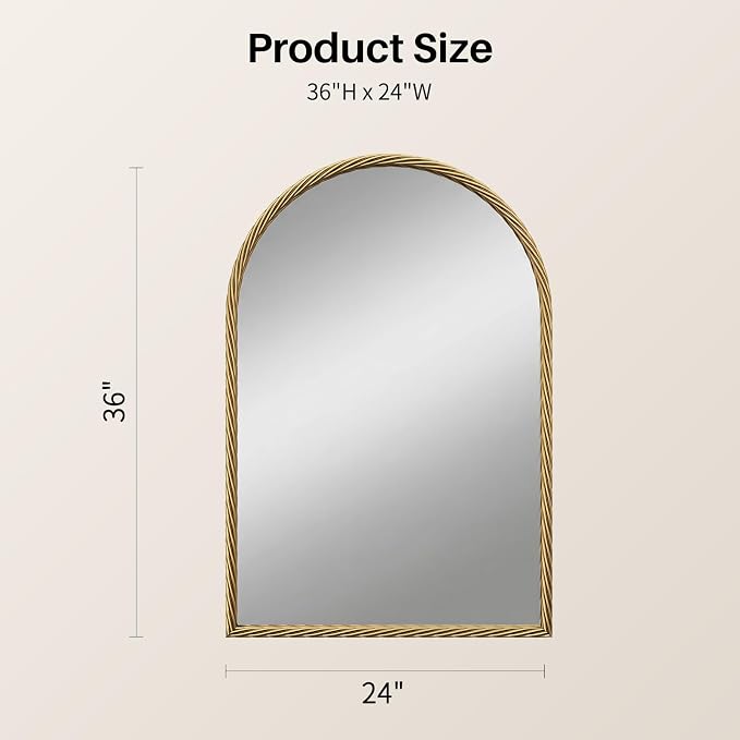 Large Vintage Arched Wall Mirror - 24"X36" Retro Gold Rope-Like Metal Framed Mounted Mirror for Wall Decor, Vanity Mirrors for Bathroom, Living Room, Bedroom, Fireplace