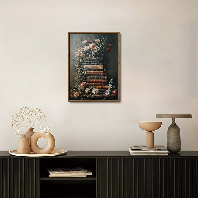 WALLZK Vintage Framed Wall Art Floral Books Canvas Prints Library Antique Literary Retro Decor Botanical Pictures Artwork for Walls Living Room Study Bedroom Bathroom 16"x24"