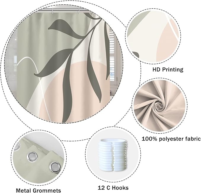 Light Green Eucalyptus Leaves Bathroom Shower Curtain Spring Nature Leaf Abstract Pattern Bath Curtain Waterproof Fabric Modern Elegant Home Decorative Shower Curtain with Hooks, 65x72 Inch
