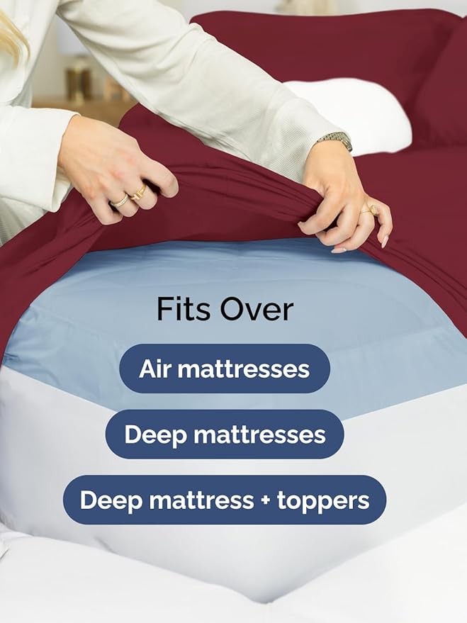 Extra Deep Split King Sheet Set - 7 Piece Breathable and Cooling Sheets - Hotel Luxury Bedding for Women, Men, Kids & Teens - Easy & Secure Fit - Soft and Wrinkle Free - Extra Deep Pockets - Burgundy