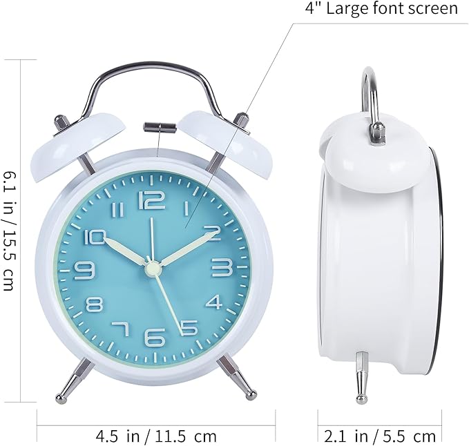 pxy Loud Alarm Clock for Heavy Sleepers 3D Dial Battery Operated (Battery Include), 4" Super Silent Analog Alarm Clock for Kids with Night Light PT260 Silver OrangePT505 White Blue