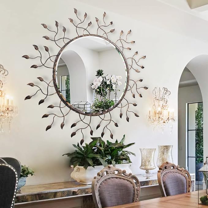 Chende Round Decorative Mirror for Wall Decor, 39" x 39" Large Living Room Mirror with Removable Metal Leaves for Entryway, Home Office, Bedroom,Farmhouse