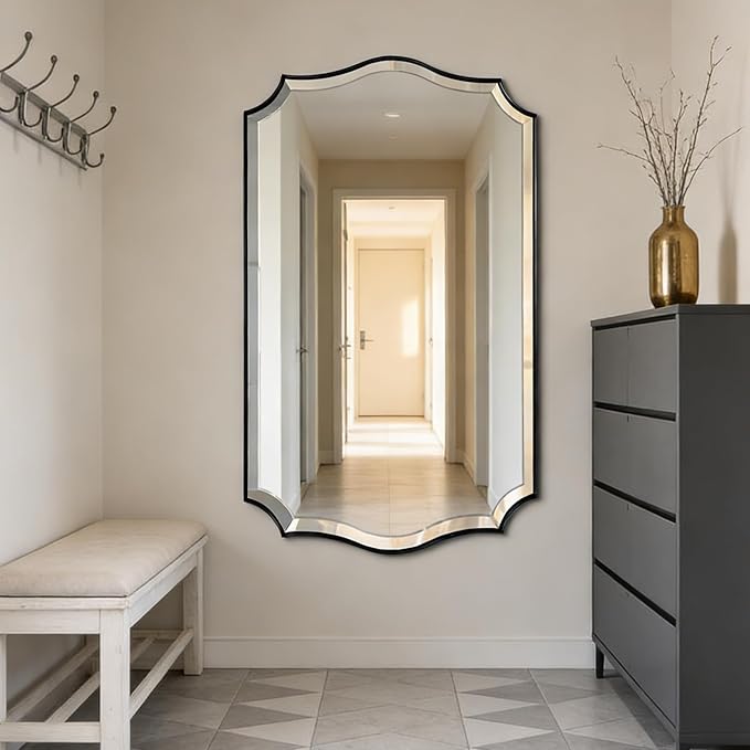 POZINO Rectangle Beveled Mirrors, 24"x40" Modern Vanity Mirror for Over Sink, Matte Black Scalloped Mirrors for Wall, Irregular Wavy Shaped Mirror for Bathroom Living Room Bedroom Fireplace Entryway
