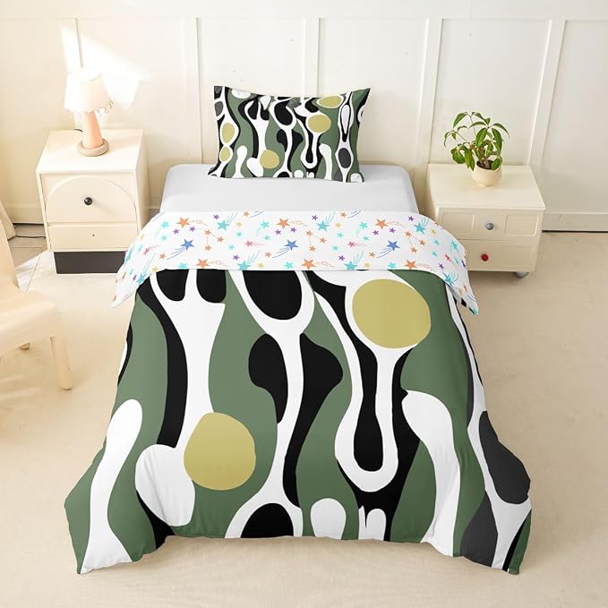 Erosebridal Organic Abstract Duvet Cover Set Modern Contemporary Girl Toddler Bedding Set for Tween Boys Girls Boho Mid Century Wavy Lines Comforter Cover Retro Geometric Bed Sets,Olive Green Khaki