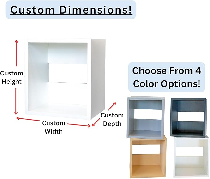 Custom Sized 1-Cube Cubby; Choose color, width, depth, and height. Units are 3/4 inch thick premium grade melamine for strong, solid unit. Easy assembly. Place on the floor or mount on a wall.