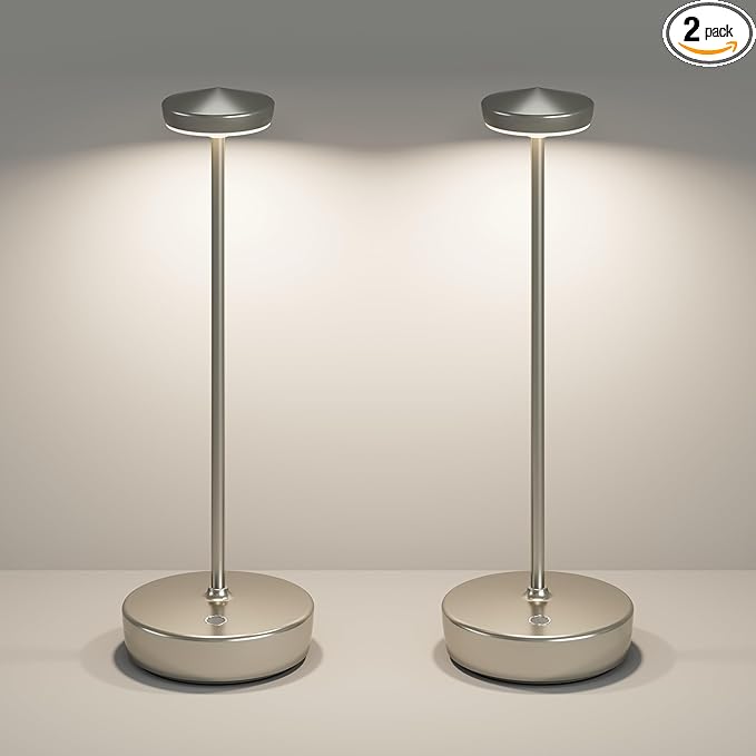 Cordless Rechargeable Table Lamp,LED Portable Touch 5000mAh Battery Operated Table Lights,with Memory Function 3-Level Brightness for Patio, Restaurant, Cafe(2P Silver)