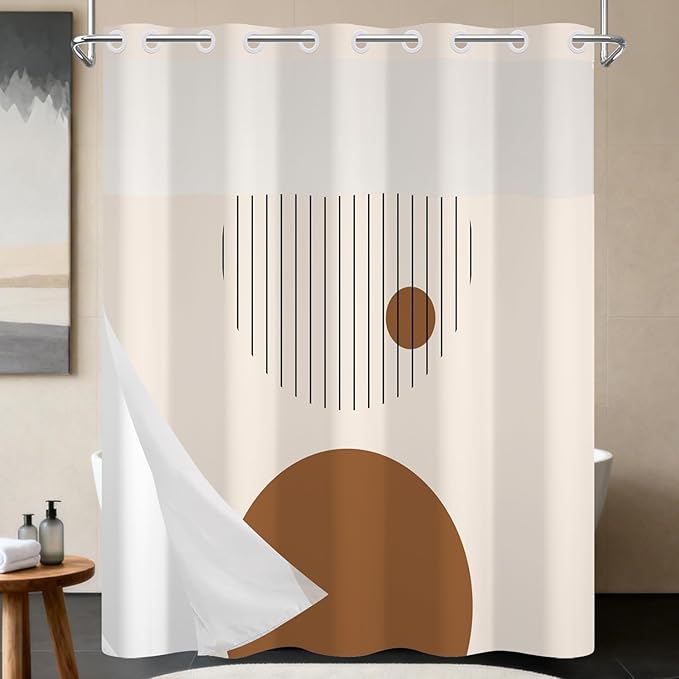 No Hook Boho Shower Curtain with Snap in Fabric Liner Set, Modern Geometric Design, Abstract Mid-Century Waterproof Shower Curtains for Bathroom, 71x74 Inches
